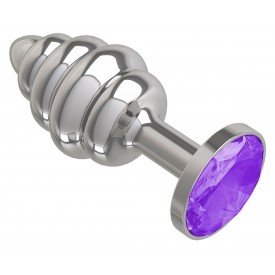 Серебристая пробка с рёбрышками и фиолетовым кристаллом - 7 см.